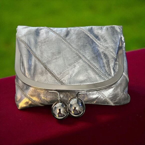 Bebe Purse Silver Leather Fold Over Kiss Lock Clutch Dome Frame Evening Handbag - Picture 1 of 9